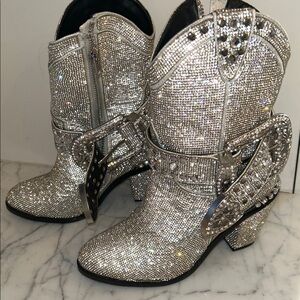 Silver Crystal Embellished Western Booties - Women